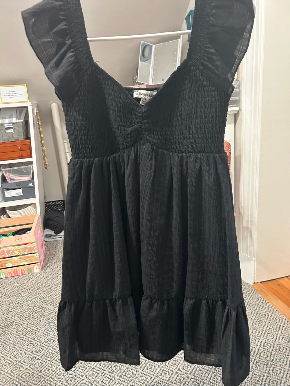 Girls' Black Smocked Ruffle-Hem Dress